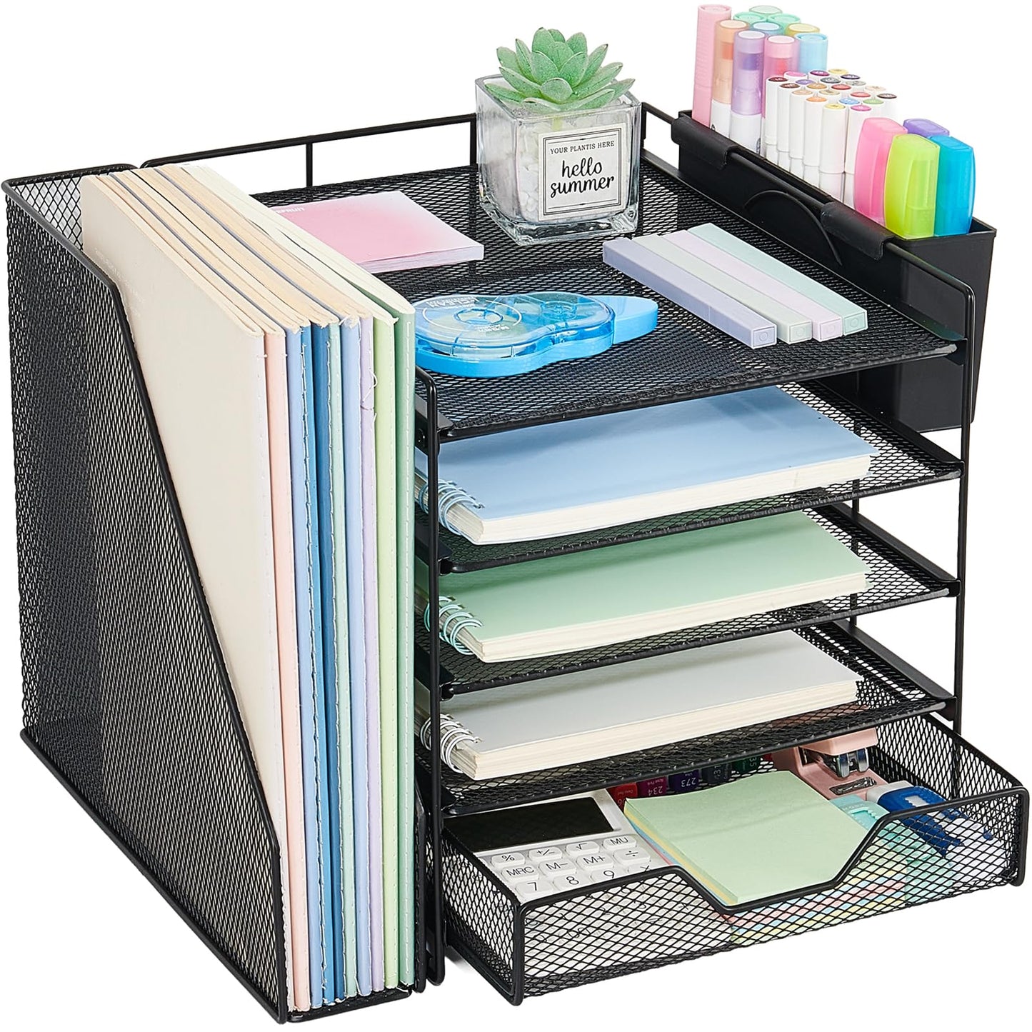 Gugsey Desk Organizers and Accessories, 5-Tier Paper Letter Tray Organizer with File Holder, Drawer & Pen Holder, Office Desk Accessories, Desktop Organizer for Classroom Office Supplies, Black