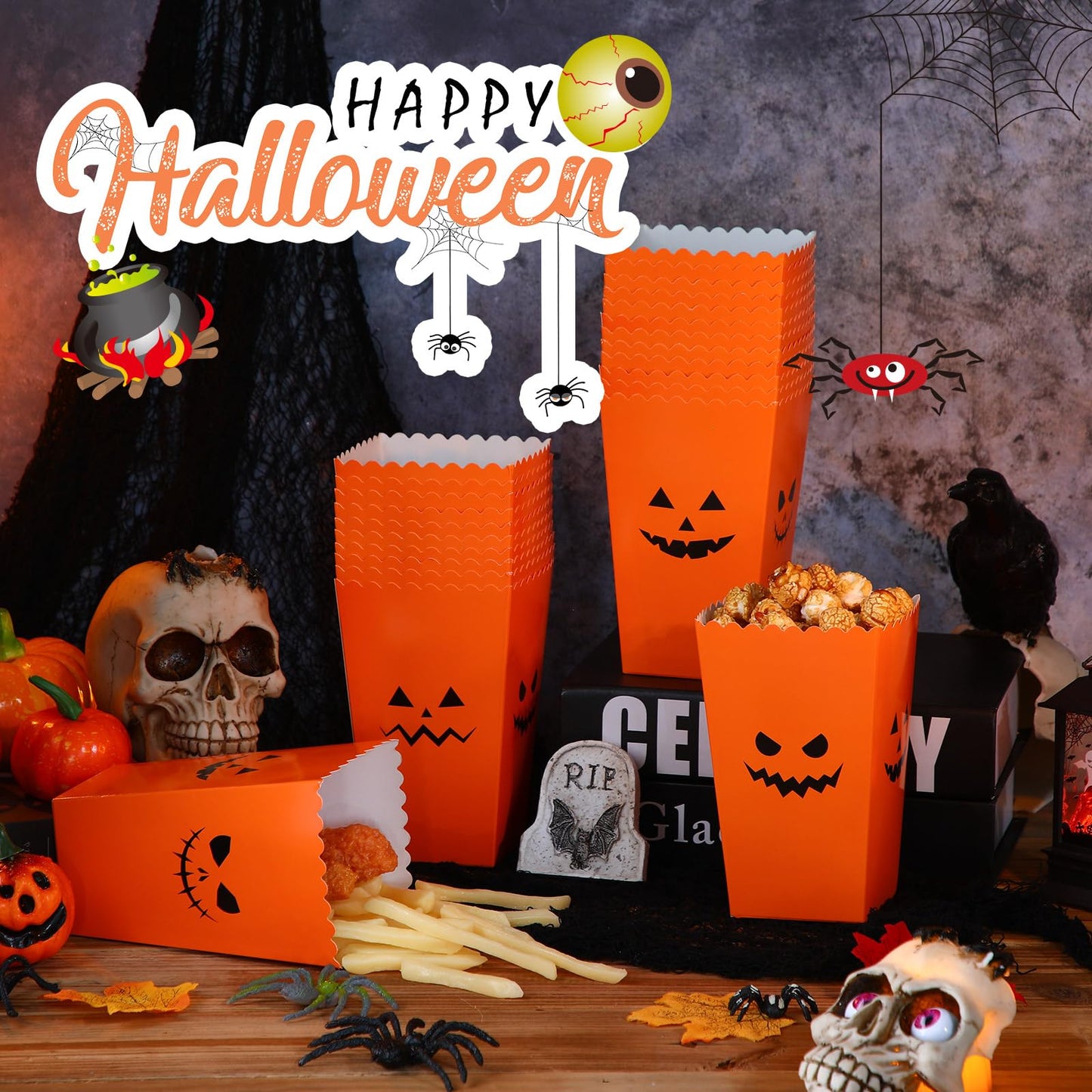 Yeaqee 100 Pcs Halloween Popcorn Boxes - Pumpkin Snack Treat Boxes Candy Cookie Container Decorations Gifts for Kids Adults Party Favor Supplies