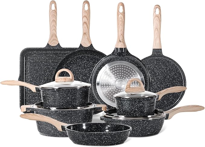 JEETEE 24Pcs Ceramic Cookware Set, Gray Pots and Pans Set Non Stick, Kitchen Healthy Non Toxic Induction Cookware Sets W/Saucepans, Sauté Pan, Griddle, Crepe Pan & Pancake Rake (PTFE, PFOSFree)