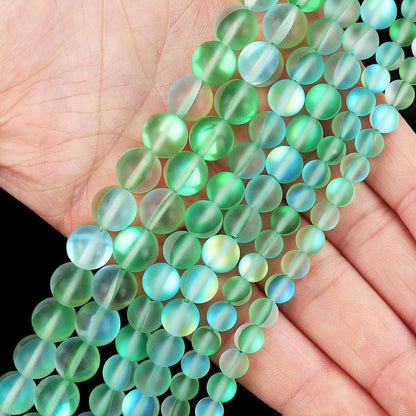 Matte Green Aurora Crystal Glass Beads, 8MM Frosted Glitter Shining Mermaid Round Loose Beads, Rainbow Holographic Synthetic Moonstone for Jewelry Making DIY Bracelet