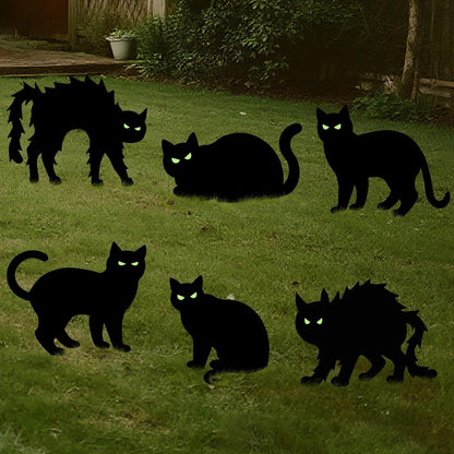 Heyigrow 6 Pack Halloween Black Cat Yard Signs with Stakes, Glow in Eyes Scary Outdoor Decoration for Lawn Garden Courtyard