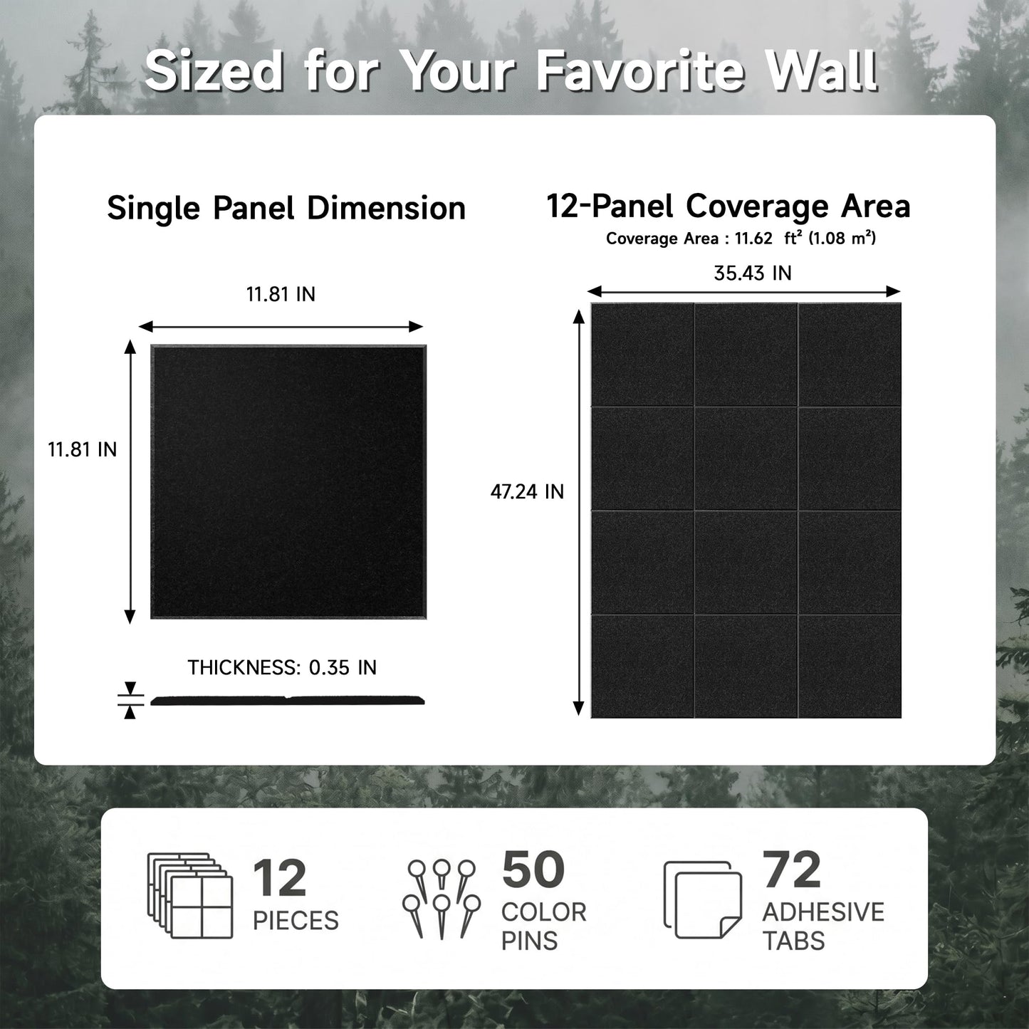 MISSDAY Black Acoustic Wall Panel Felt Bulletin Board 48" x 36" Cork Board for Wall, 12-Pack Boards with 72 Removable Adhesive Tabs, 50 Pins, Pin Board for Home Office Classroom Soundproof Wall Tile