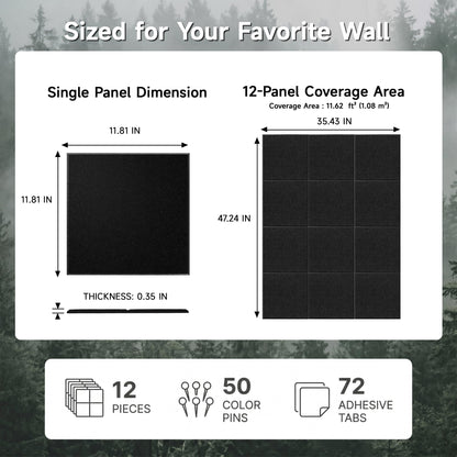 MISSDAY Black Acoustic Wall Panel Felt Bulletin Board 48" x 36" Cork Board for Wall, 12-Pack Boards with 72 Removable Adhesive Tabs, 50 Pins, Pin Board for Home Office Classroom Soundproof Wall Tile