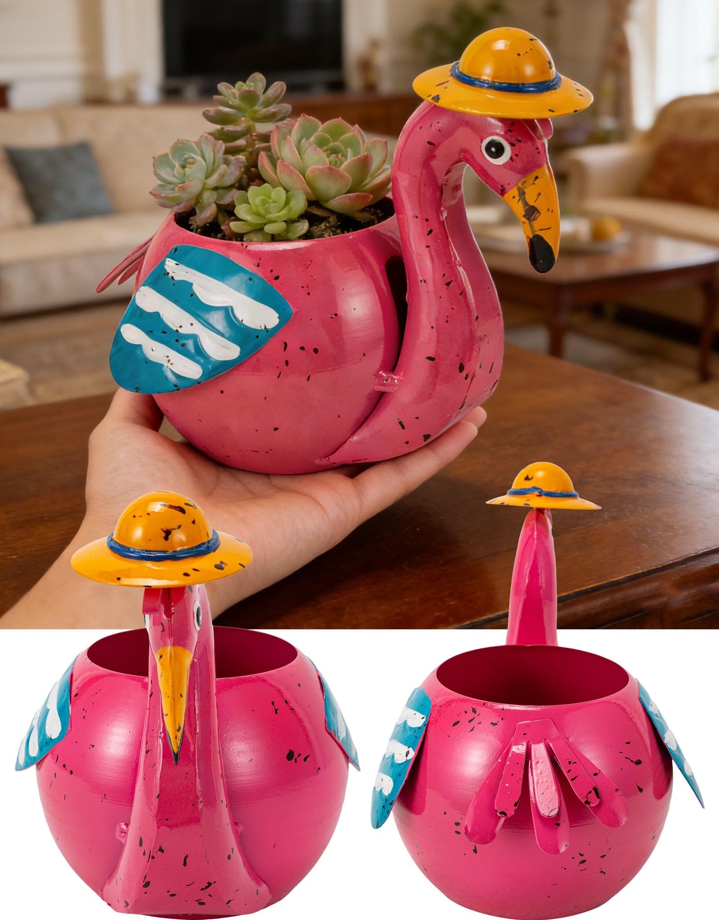 The Aura Collective Flamingo Planter Small Succulent Pots Metal Animal Planters, Decorative Flower Pot Indoor Garden Statues Yard Art Decor