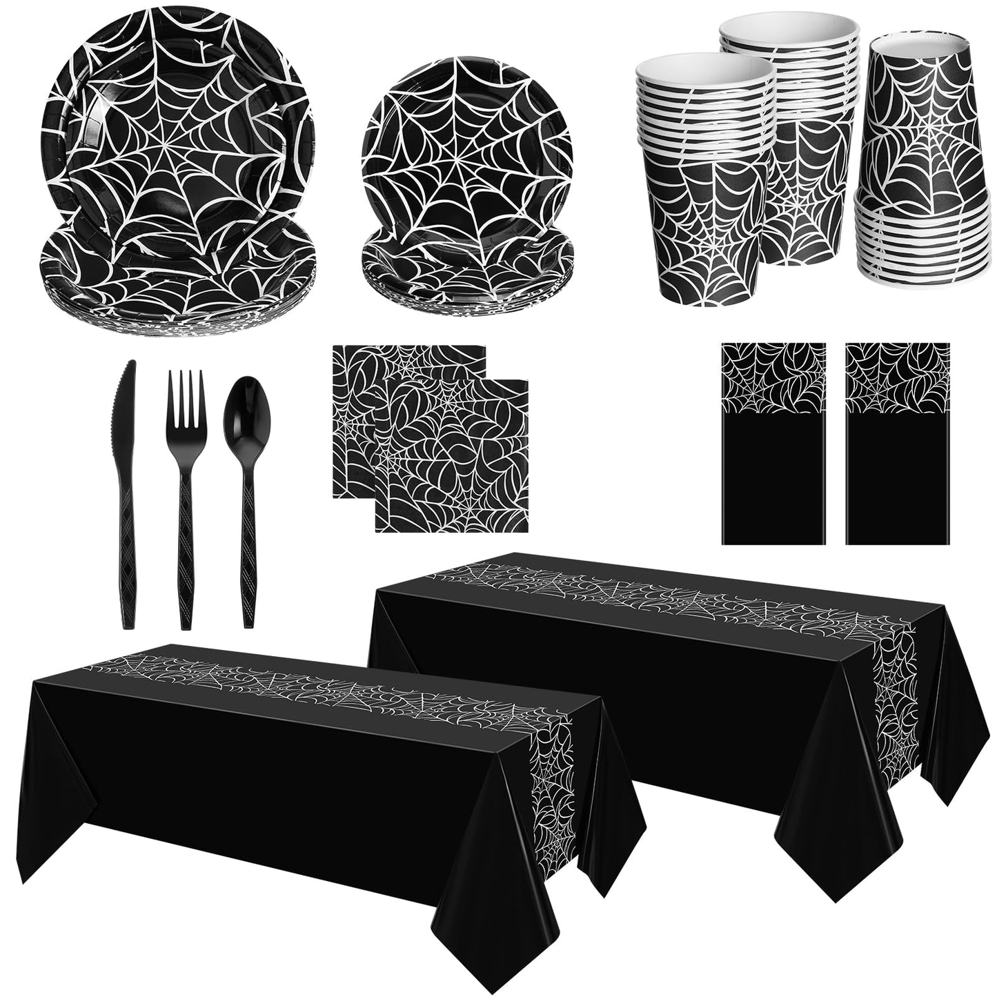 Oudain 162 Pcs Spiderweb Birthday Party Decoration Black White Spider Web Rectangular Tablecloth Disposable Plates Napkins Cups Forks Spoons Knifes Tableware Set for Theme Party Supplies