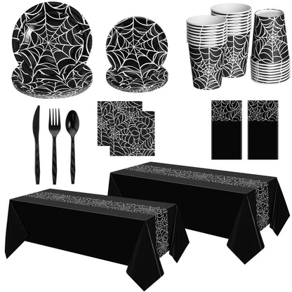 Oudain 162 Pcs Spiderweb Birthday Party Decoration Black White Spider Web Rectangular Tablecloth Disposable Plates Napkins Cups Forks Spoons Knifes Tableware Set for Theme Party Supplies