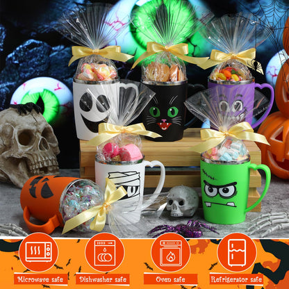 Patelai 6 Sets Halloween Coffee Mugs Cups 16 oz Halloween Stainless Steel Insulated Tumblers Bulk with Handle Lid Straw Brushes Clear Opp Bags Ribbons Spooky Black Cat Ghost Trick or Treat Party Gifts