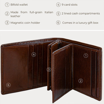 Time Resistance Leather Men's Wallet - Minimalist Wallet Design with Credit Card Holder, Magnetic Coin Holder, and Cash Slots (Brown)