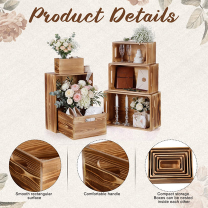 AceOrbit Set of 6 Wood Crates with Handles, Rustic Decorative Storage Boxes Distressed Wooden Nesting Display Baskets for Farmhouse, Wedding, Party Storage Display Supplies(Light Brown)
