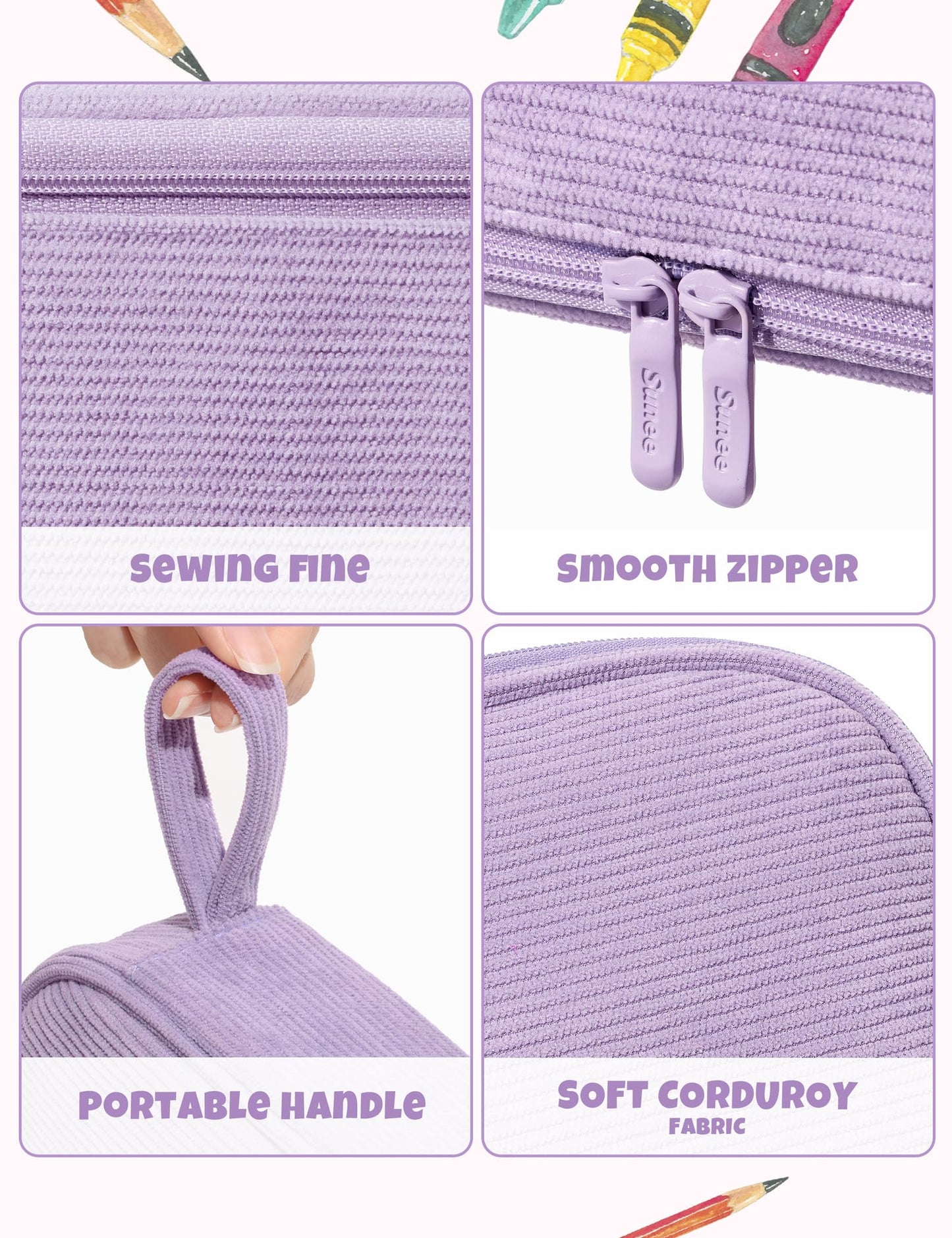 SUNEE Cute Pencil Case, Large Pencil Pouch, Soft Corduroy Fabric Big Pencil Bag with Zipper, Kawaii Pen Bag Stationery Storage and Organizer, School Supplies for Teen, Student, Boys,Girls, Soft Purple
