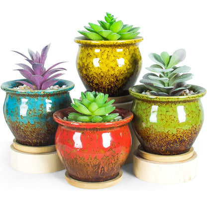 ARTKETTY Succulent Pots - 4 Pack Small Plant Pots with Drainage Tray, 4.5 Inch Ceramic Pots for Indoor Succulent Plants Colorful Cactus Flower Planters Birthday Gifts for Women