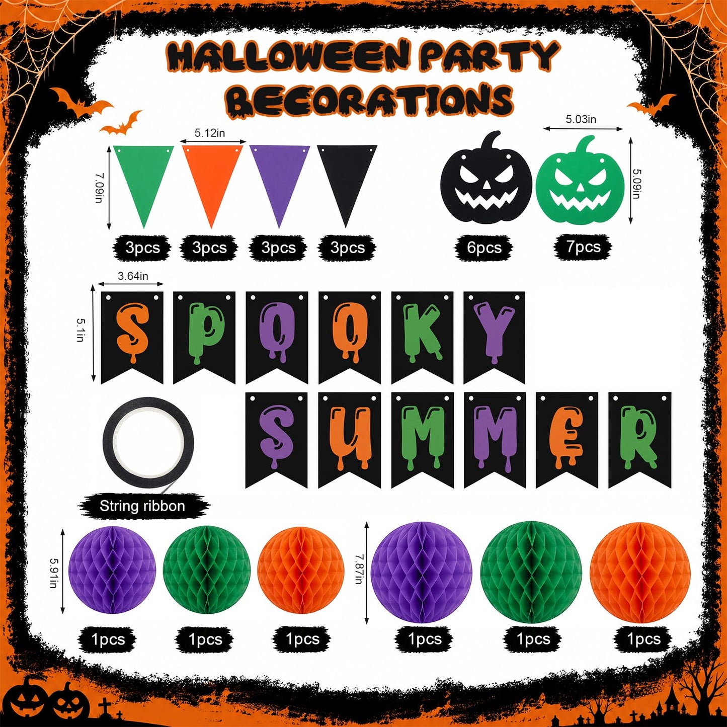 Crtiin Summer Halloween Banner Decorations Spooky Summer Hanging Banner with Honeycomb Balls Hawaii Halloween Paper Garland Photo Props Skeleton Mermaid Ghost Charms for Hallows Beach Party