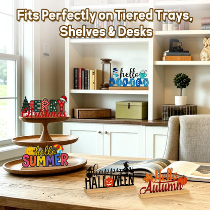 Interchangeable Seasonal Decor Table Sign Set with Wooden Base, 8PCS Holiday & Seasonal Signs for Home Decor, Farmhouse Tiered Tray Decor for Spring Summer Autumn Winter Christmas Halloween