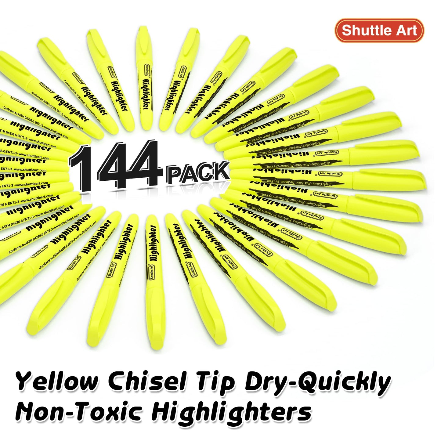 Shuttle Art 144 Pack Highlighters, Yellow Highlighter Pen Bulk with Versatile Chisel Tip Dry-Quickly Non-Toxic Highlighter Markers for Adults Teachers Students Highlighting in Home School Office