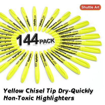 Shuttle Art 144 Pack Highlighters, Yellow Highlighter Pen Bulk with Versatile Chisel Tip Dry-Quickly Non-Toxic Highlighter Markers for Adults Teachers Students Highlighting in Home School Office