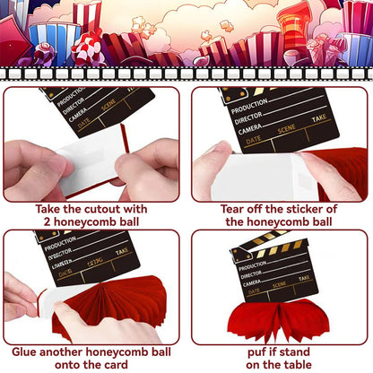 Oiuyamn 9Pcs Movie Night Party Honeycomb Centerpieces Decorations, 3D Movie Theme Birthday Table Topper, Hollywood Party Decor
