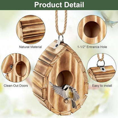 NATUREYLWL Hummingbird House for Outside - Natural Wooden Birdhouse for Bluebirds, Finches, Cardinals - Small Hanging Bird Nesting Box for Garden, Patio, or Yard - 5.9" D x 4.1" W x 3.8" H