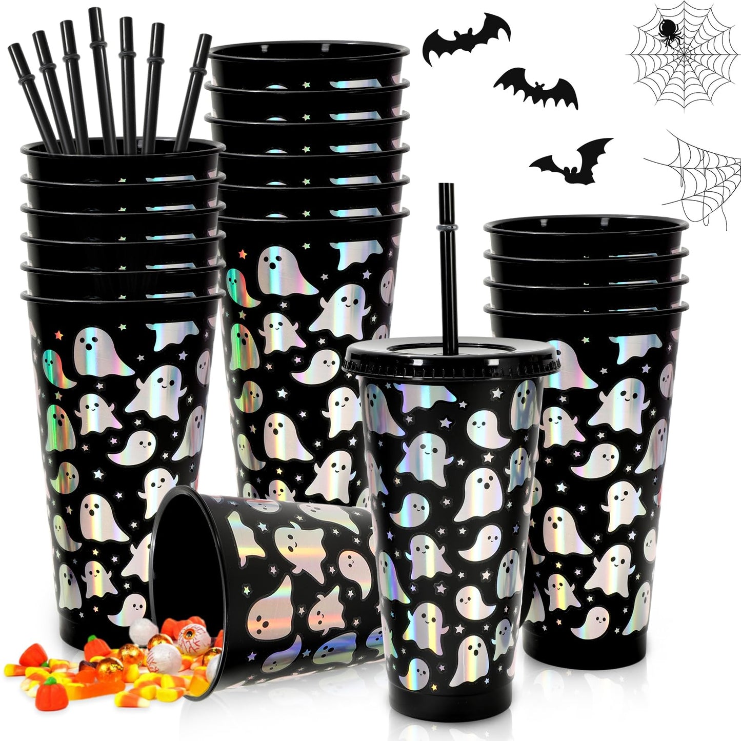 Whaline 12Pcs Halloween Ghost Plastic Cups Holographic Black Iridescent Boo Plastic Tumbler Reusable Cold Cup with Straw and Lids for Home Office Party Supplies