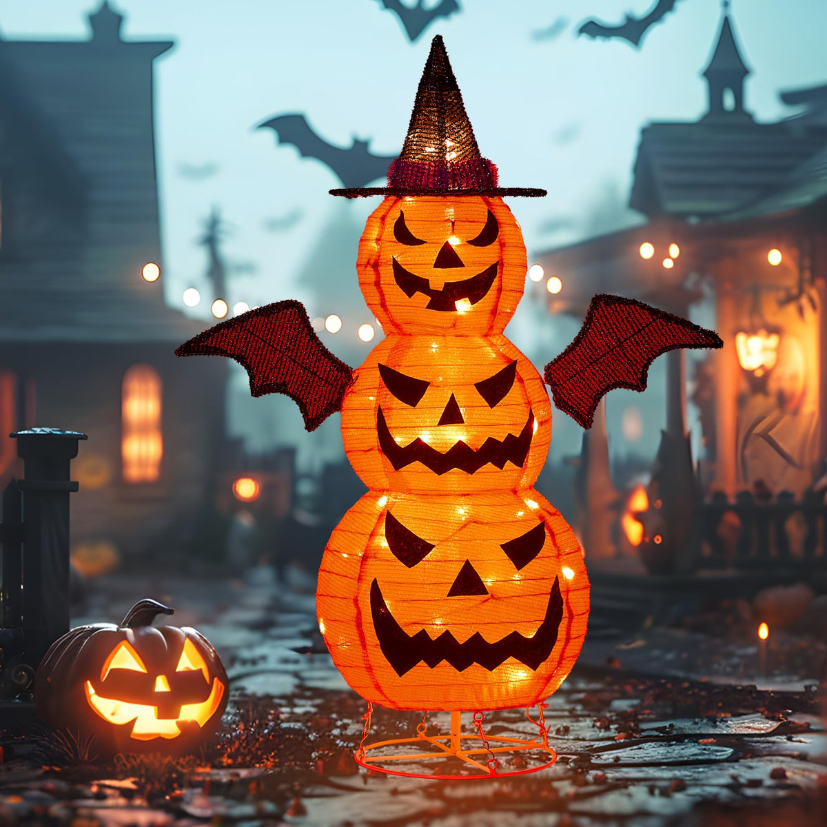 3FT-Halloween Decorations Outdoor – 37 Inch Collapsible Pumpkin Man with 40 LED Lights, Stretchable Pop Up Jack-o'-Lantern for Yard, Garden, Porch, Party Decor