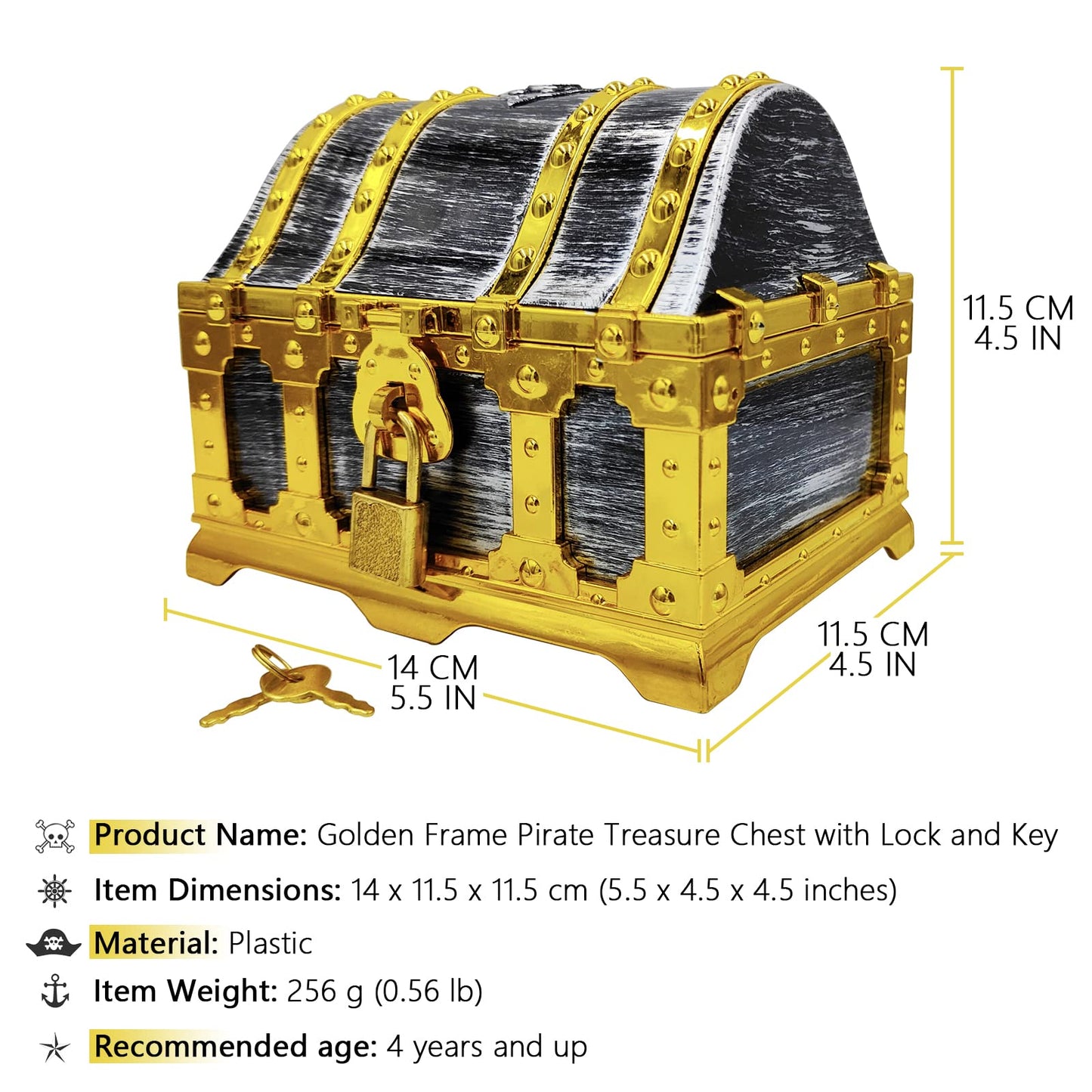 Dronside Kids Golden Frame Pirate Treasure Chest with Lock and Key, Treasures Collection Storage and Decorative Box for Kids Birthday Pirate Party Favors