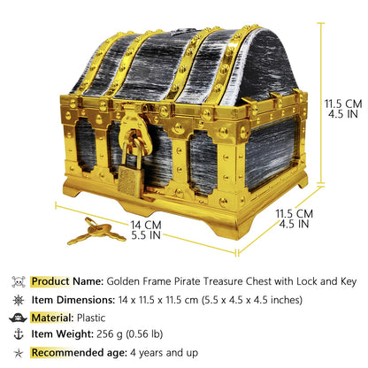 Dronside Kids Golden Frame Pirate Treasure Chest with Lock and Key, Treasures Collection Storage and Decorative Box for Kids Birthday Pirate Party Favors