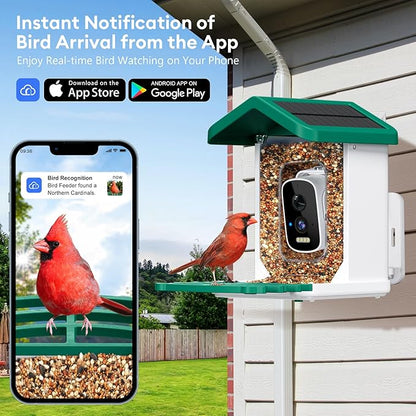 Smart Bird Feeder with Camera, AI Bird Species Identification Solar Powered Panel, 2.5k HD Video Bird House with Camera for Outside Garden, Ideal Gifts for Lover,Valentine's Day, Green