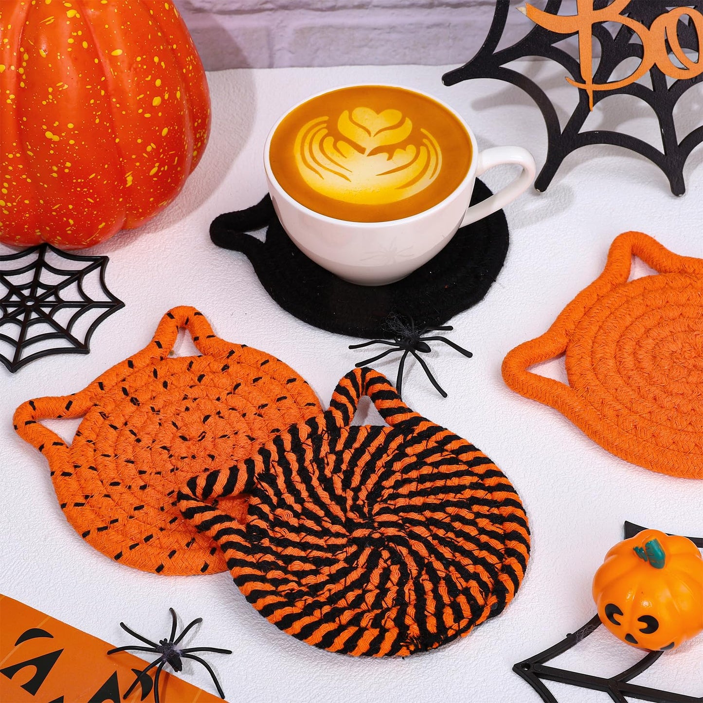 Whaline Halloween Cat Ear Shape Cotton Coasters Black Orange Cat Ear Handmade Braided Drink Coasters Absorbent Cup Mats for Trick or Treat Party Home Table Decor, Set of 4
