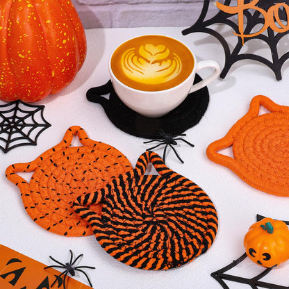 Whaline Halloween Cat Ear Shape Cotton Coasters Black Orange Cat Ear Handmade Braided Drink Coasters Absorbent Cup Mats for Trick or Treat Party Home Table Decor, Set of 4