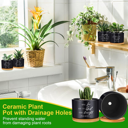 RimCereal 9 Pcs Inspirational Bible Verse Gifts Black Ceramic Succulent Pots with Bamboo Saucers Christian Decor Perfect Religious Gift for Home Office for Mother's Day Graduation Teachers Nurses