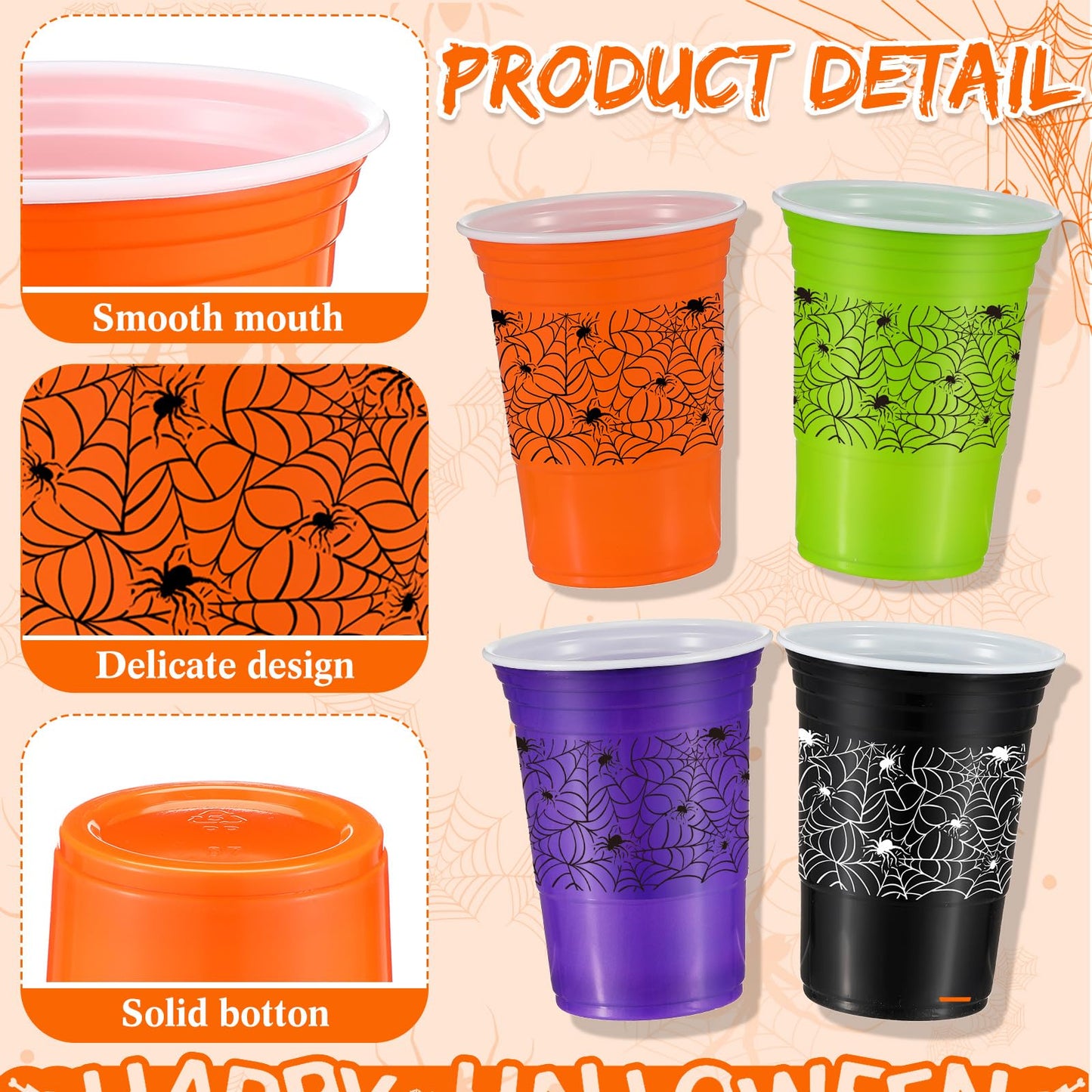 Pickmesh 120 Pcs Halloween Plastic Cups 16 oz Disposable Coffee Cup Spider Web Decoration Hot Cold Drink Wine for Halloween Party Favors Supplies