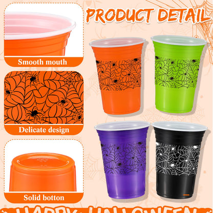 Pickmesh 120 Pcs Halloween Plastic Cups 16 oz Disposable Coffee Cup Spider Web Decoration Hot Cold Drink Wine for Halloween Party Favors Supplies