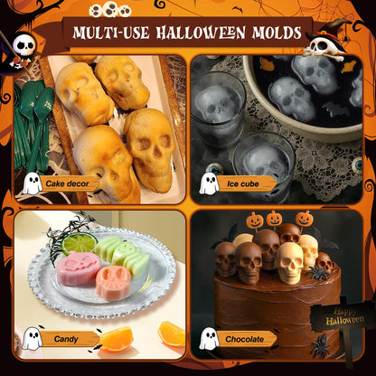 Qibiyuu Halloween Skull Cake Pan & Pumpkin Silicone Molds Set – 6 Cavity 3D Skull Baking Pan + 6 Halloween Shape Silicone Molds (Pumpkin, Ghost, Bat) for Cakes, Chocolate, Candy, DIY Party Baking