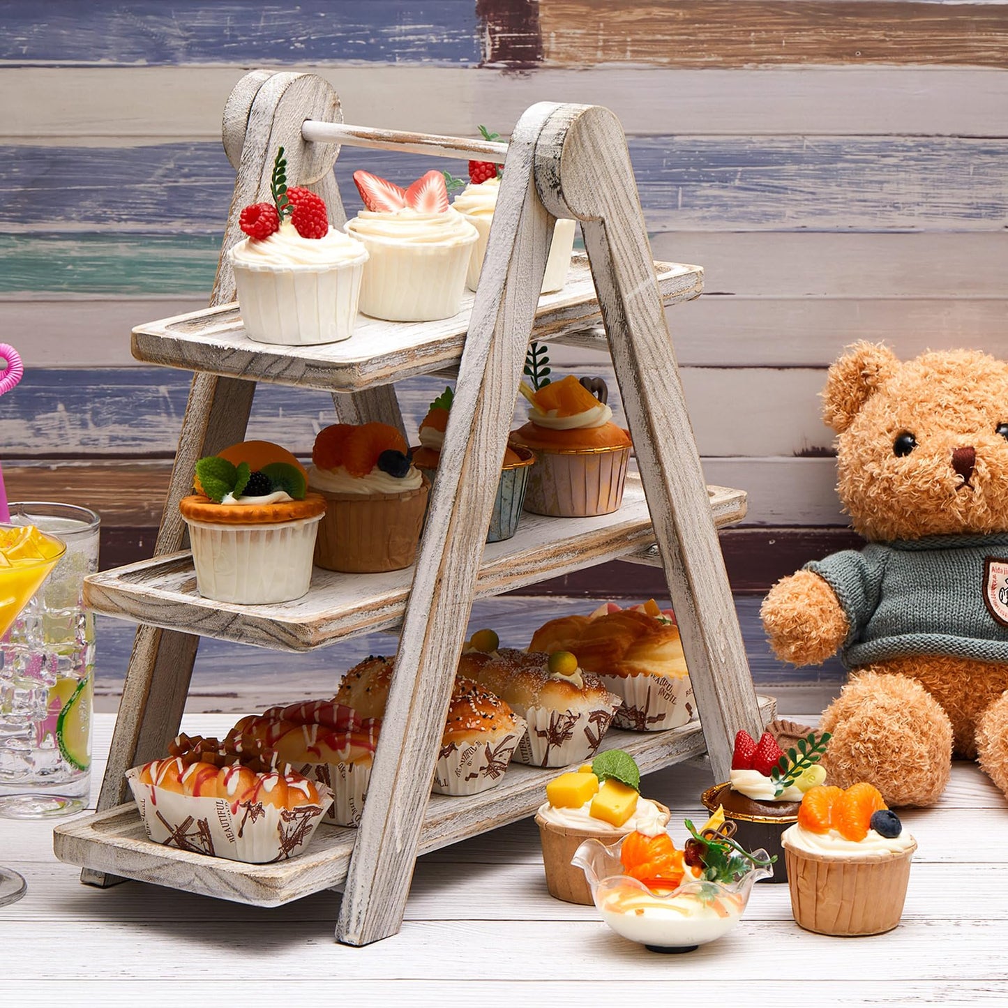 Beeveer Cupcake Stand Wooden 3 Tier Serving Tray Tiered Tray Stand Serving Trays Platters Tiered Wooden Three Tiered Ladder Cake Stand for Party Wedding Christmas Fruit Dessert Display Tray Decorative