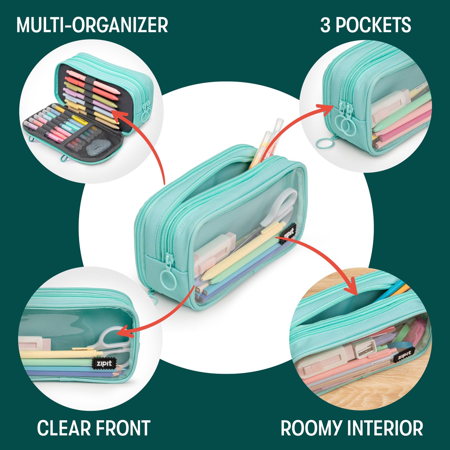ZIPIT Half & Half Pencil Case, 3 Compartment Zipper Pouch for School, Stationery Bag for Teen Girls Boys and Adults, Mint