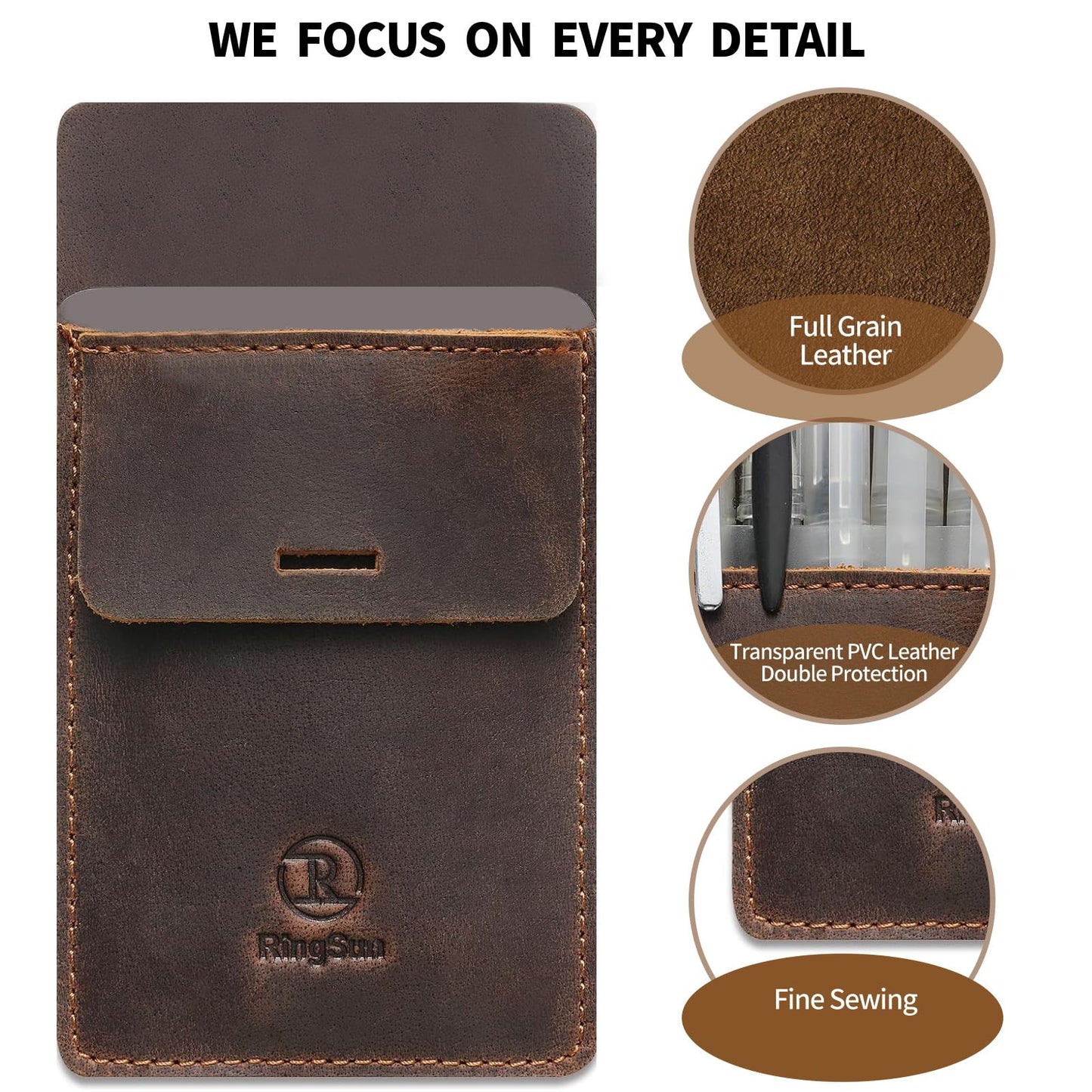 Ringsun Pocket Protector for Men, Full Grain Leather Pen Protect Holder for Heavy Duty Shirts, Lab Coats, Holds Pens, Pointers, Cards, Hold 8 Pens, Pocket Protectors for Pens and Pencils