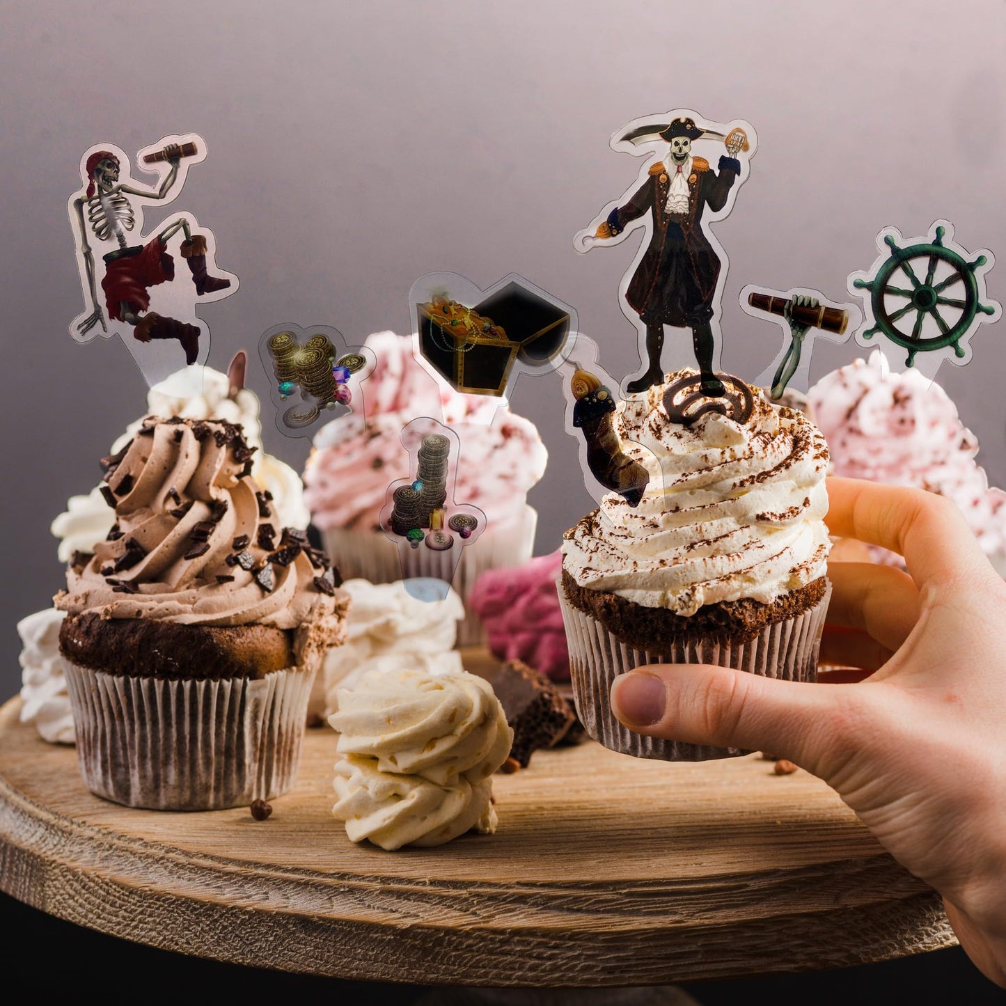 Cheerland Skull Pirate Cupcake Stand and Skeleton Pirates Cupcake Toppers for Halloween Skeleton Pirate Hanging Costume Party Decoration and Supplies