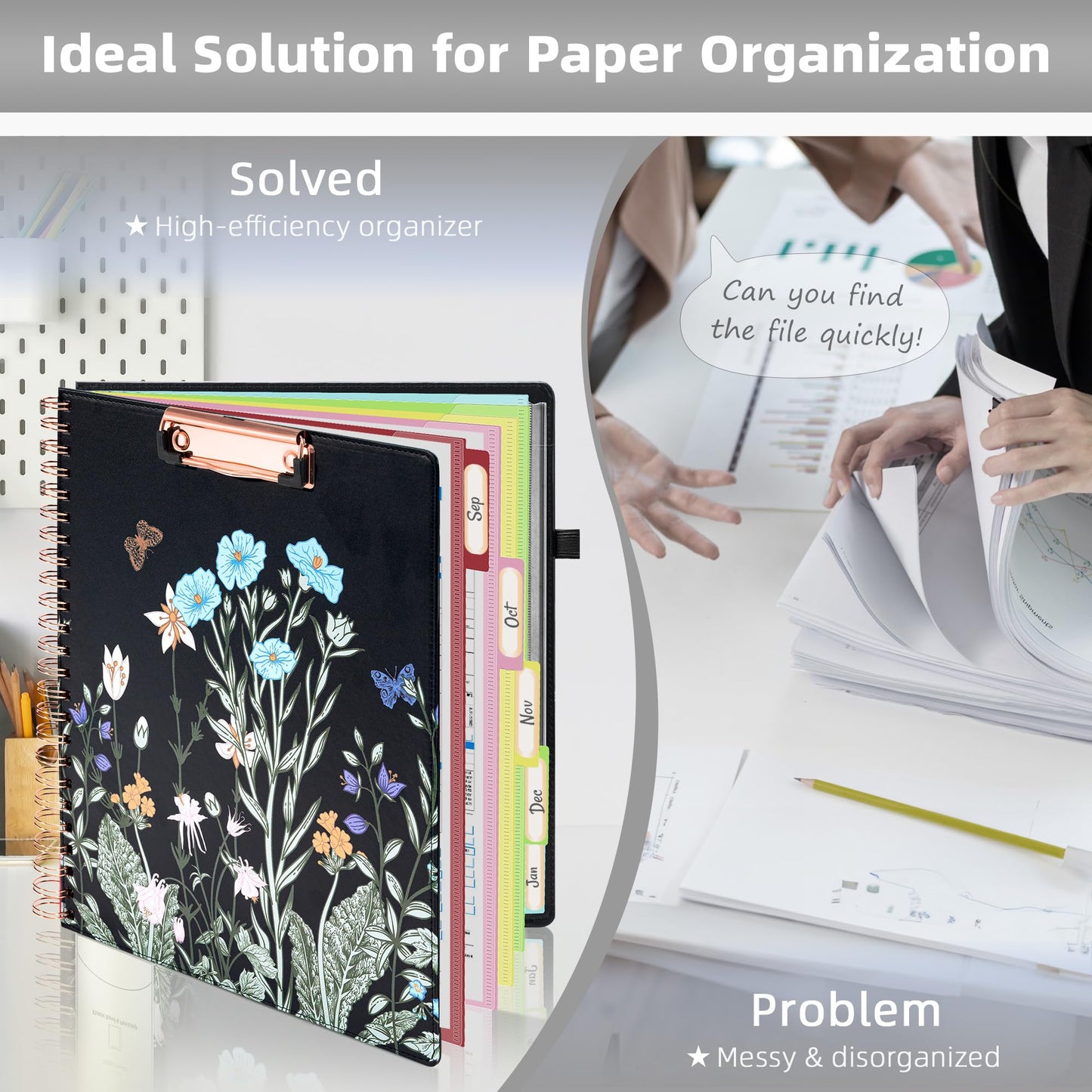 Ospelelf Foldable Spiral Clipboard Folio with with Storage Zipper Pouch, Leather Clipboard Folder with Notepad, 5 Plastic Folders with 10 Pockets, 39 Divider Label Stickers, Pen Loop Series (Bushes)