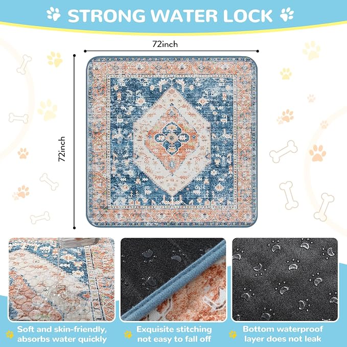 Lahome Extra-Large Washable Dog Pee Pads (72"x72") - Super Absorbent & Waterproof - Leakproof Reusable Mat for Playpens, Beds & Whelping, Convenient Cleanup,Beige Blue