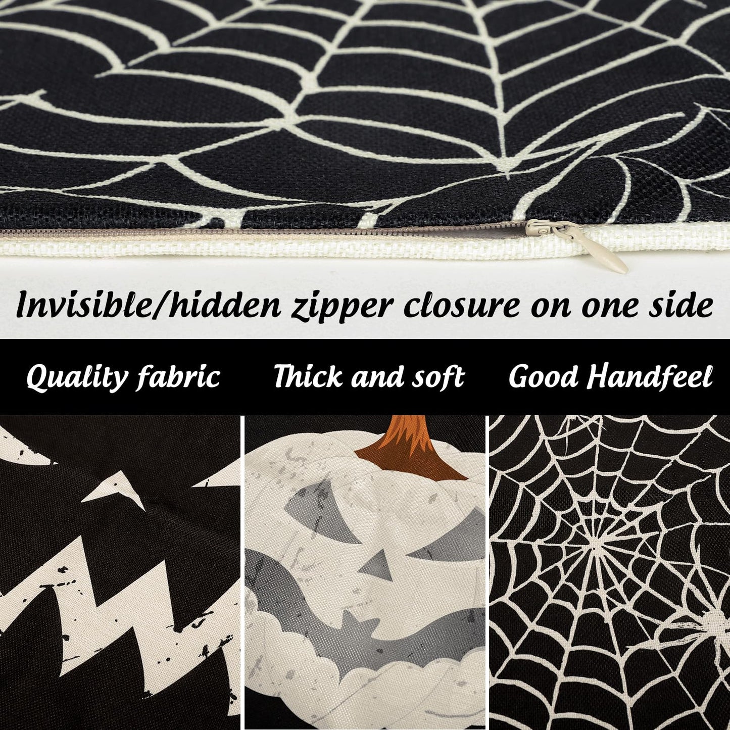 Whaline Happy Halloween Pillow Cover 20 x 20 Inch Pumpkin Spider Web Pillow Case Black Linen Throw Cushion Cover Cushion Cases for Home Office Halloween Sofa Bed Decoration, 4Pcs