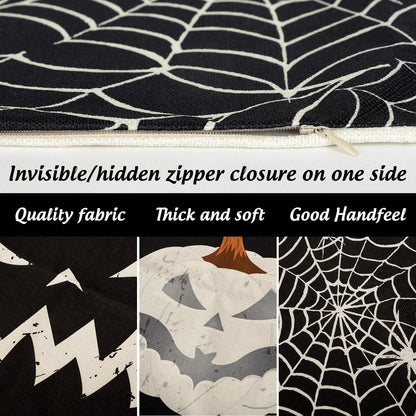 Whaline Happy Halloween Pillow Cover 20 x 20 Inch Pumpkin Spider Web Pillow Case Black Linen Throw Cushion Cover Cushion Cases for Home Office Halloween Sofa Bed Decoration, 4Pcs