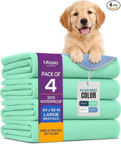 Utopia Bedding Washable Pee Pads for Dogs 34" x 52" (Pack of 4), Waterproof Incontinence Bed Pads for Adults, Elderly and Kids, Heavy Absorbency Pet Training Pads for Sofa and Couch (Green,Blue)