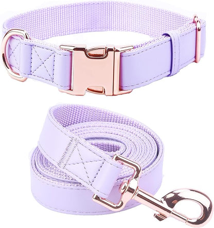 Dog Collar and Leash Set.Soft and Easy to Clean Vegan Leather with Rose Gold Metal Buckle for Small Medium Large Dogs (Light Purple, M(13.8"-19.7"))