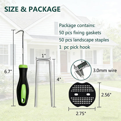 4 Inch 50 PCS Galvanized Landscape Staples with 50 PCS Gasket, Landscape Fabric Pins Stakes Lawn Ground Cover Graden Staples Spikes Weed Barrier Stakes