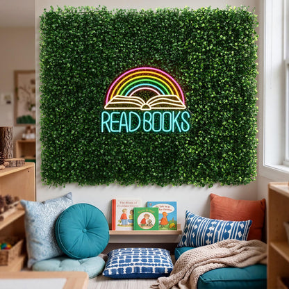 Fumete 13 Pcs Classroom Reading Corner Calming Corner Decor 10 x 10" Artificial Grass Wall Panels with Read Books Neon Sign Classroom Greenery Wall Decoration for Home School Party Supplies