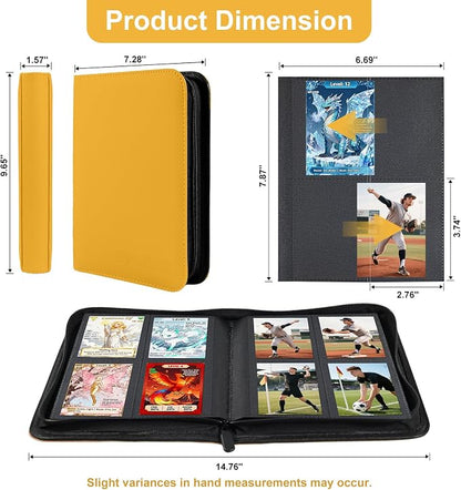 BYSTER 4 Pocket Card Binder, Premium PU Trading Card Binder with Zipper, 160 Capacity Side-Loading Binder for TCG, MTG, Sports Cards, Game Cards, Yellow