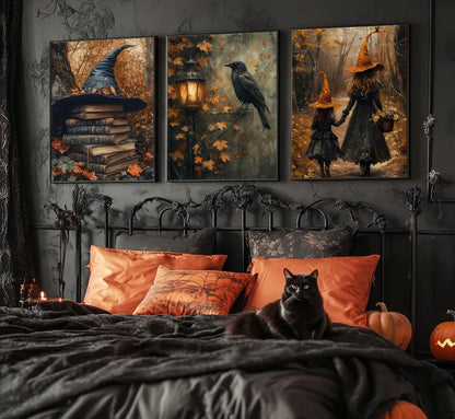 3pcs Halloween Canvas Wall Art Autumn Gothic Witch Books Crow Posters Prints Dark Academia Witch Wall Decor Pictures for Halloween Party House Decoration Unframed