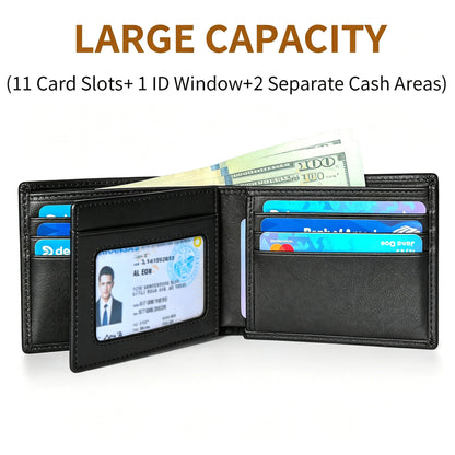 MARZAHAR Genuine Leather Mens Wallet, RFID Blocking Bifold Wallet for Men with ID Window, 11 Card Slots, Husband Birthday Anniversary, Dad Fathers Day Gift (Black)