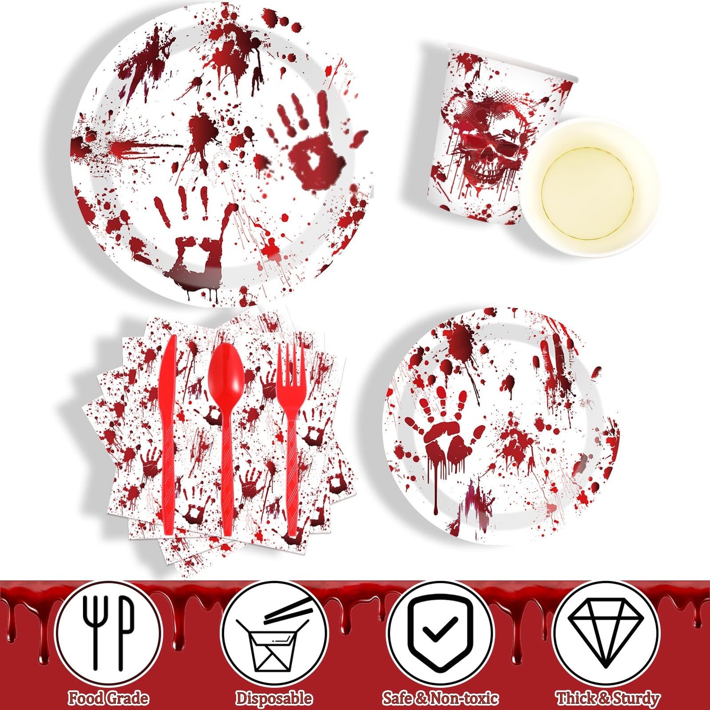 Peryiter 171 Pcs Halloween Party Supplies Disposable Tableware Set Halloween Plate Cup Napkin Spoon Fork Knives Banner Plastic Tablecloth Dinnerware Kit for Party Decorations Serves 24 (Bloody Zombie)