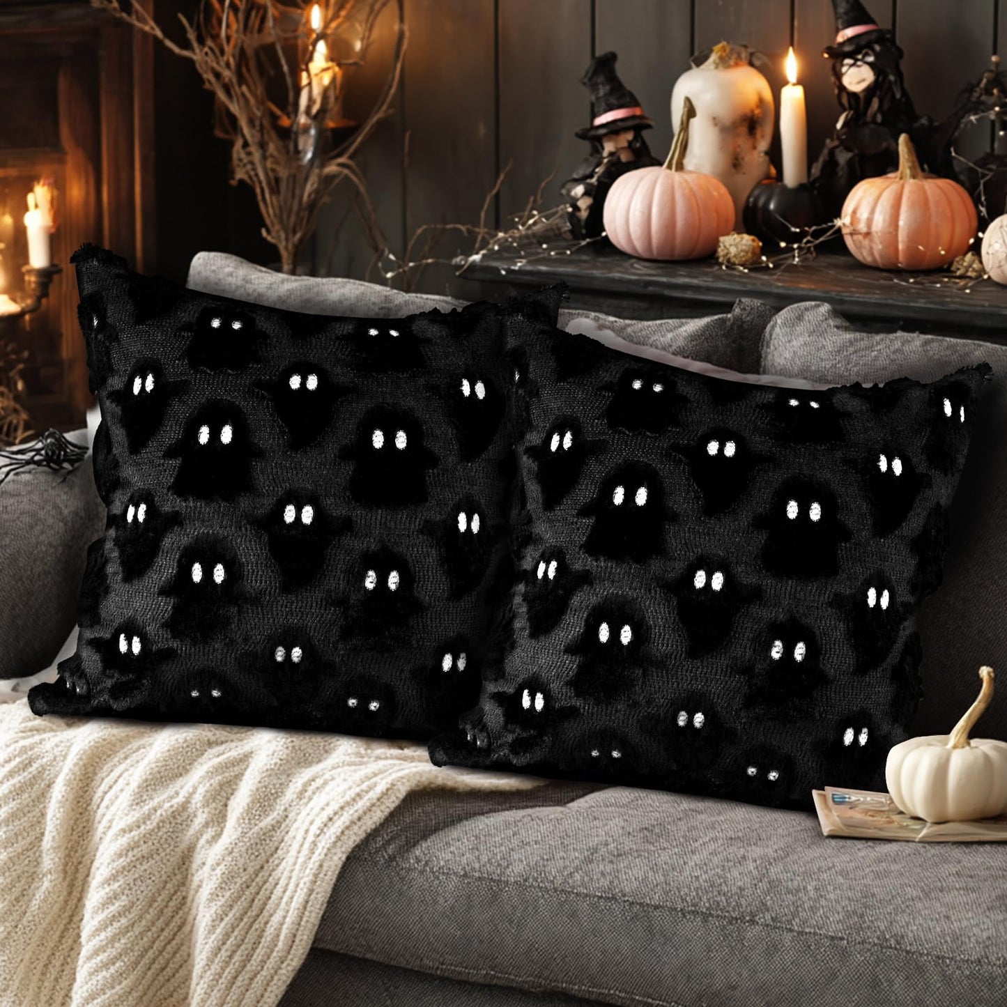 Lanpn Halloween Pillow Covers 18x18 Set of 2, Ghost Throw Pillowcases Soft Plush Faux Fur Wool Decorative Pillow Cover 18x18 Cushion Covers for Sofa Couch Chair Bed Halloween Home Decor (Black)