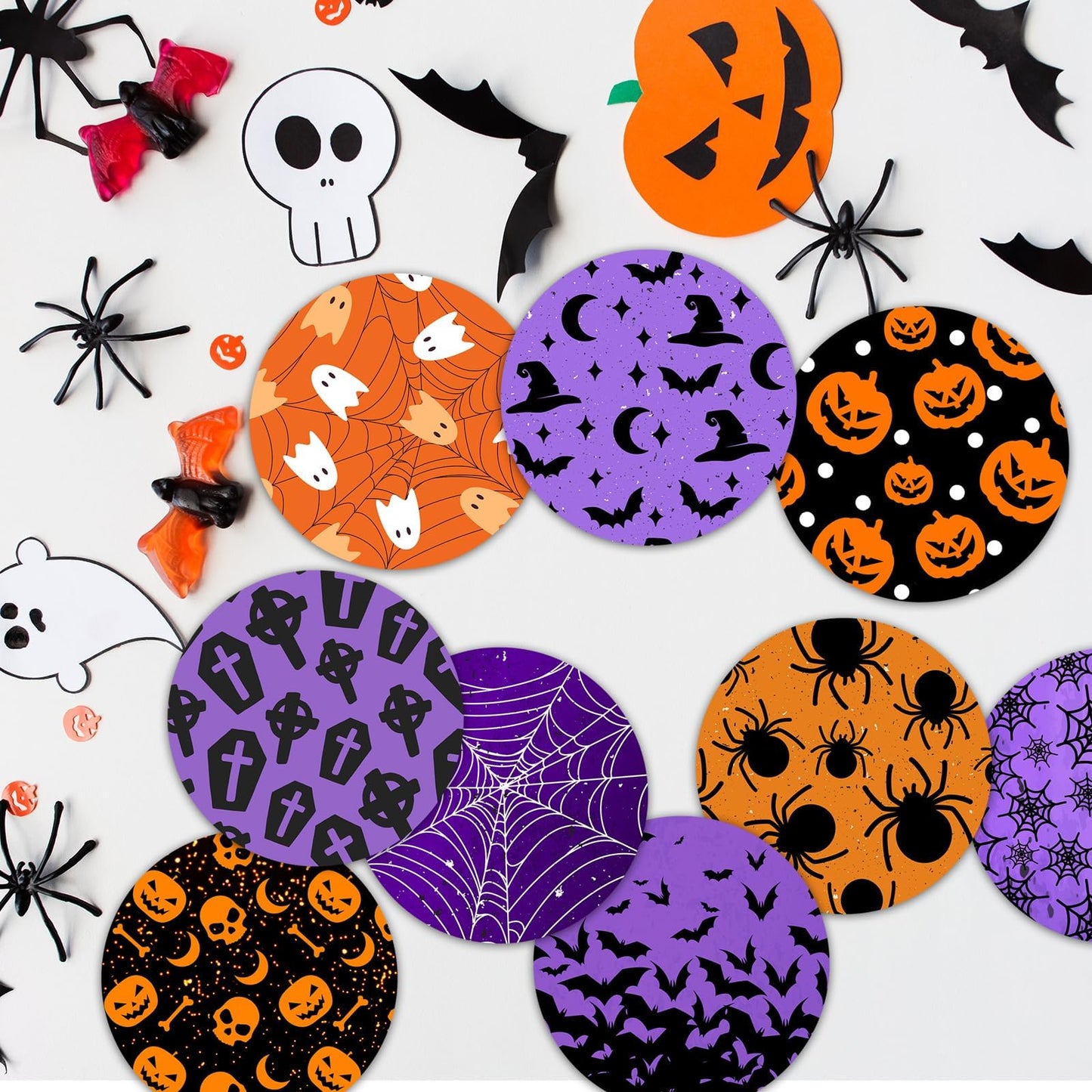 Denylo pro 120Pcs Halloween Disposable Paper Coasters 4 Inch Halloween Bat Spider Pumpkin Ghost Drink Paper Coaster for Halloween Home Kitchen Office Housewarming Party Table Decoration Supplies